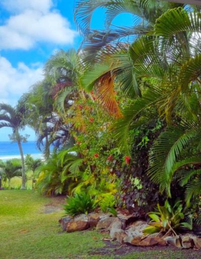 Private garden with a view of the lagoon at Black Rock Villas, Rarotonga